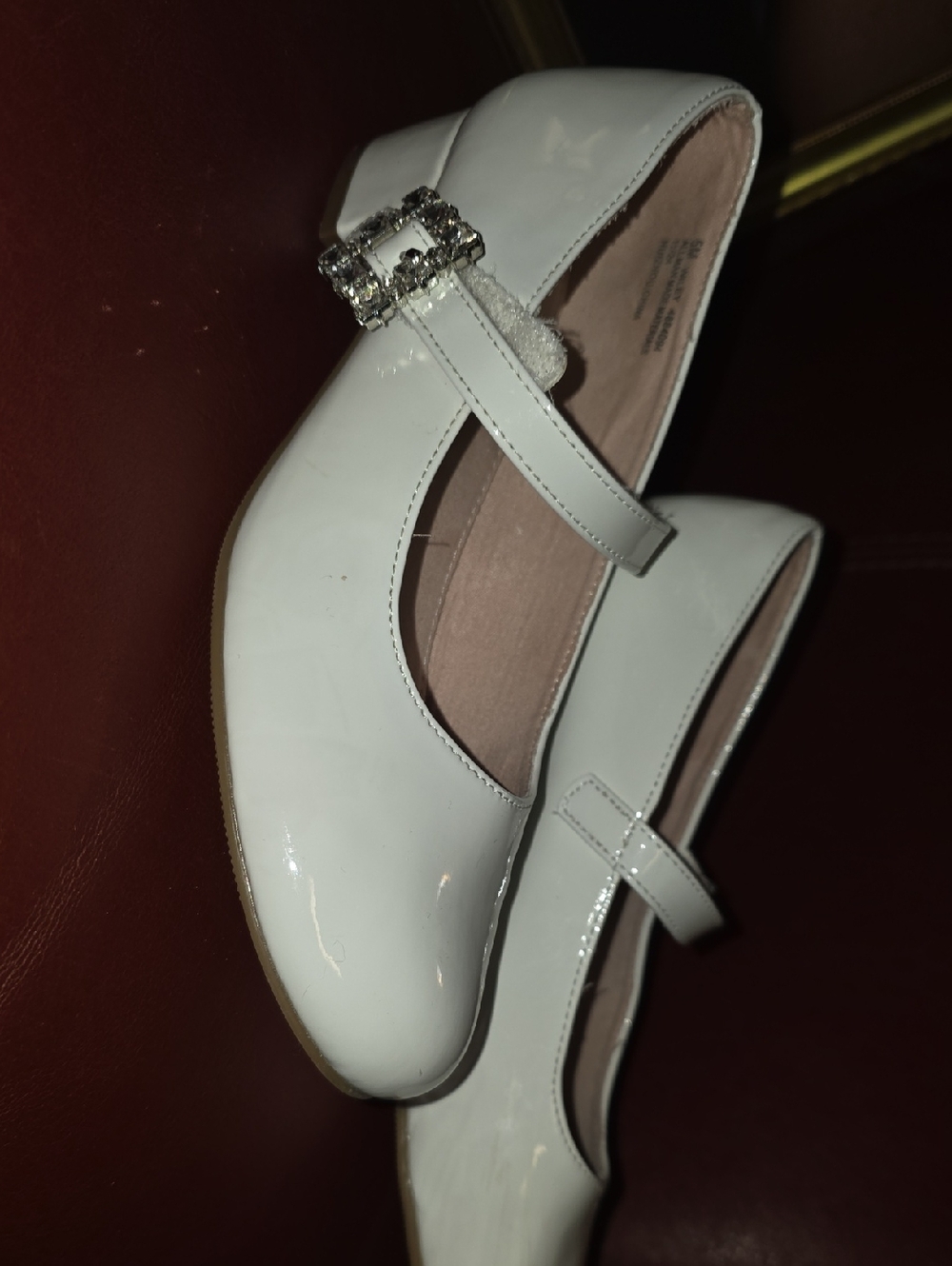 Kelly & Katie White Patent Mary Jane Flats with Rhinestone Buckle